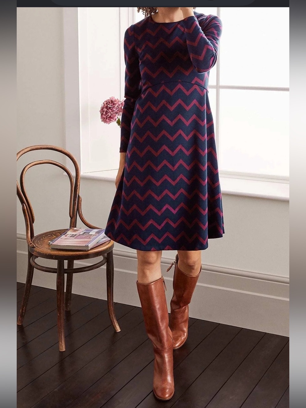 Boden NWT Annie Chevron Pattern Long Sleeve Crew Neck Midi Dress, Size US 10R